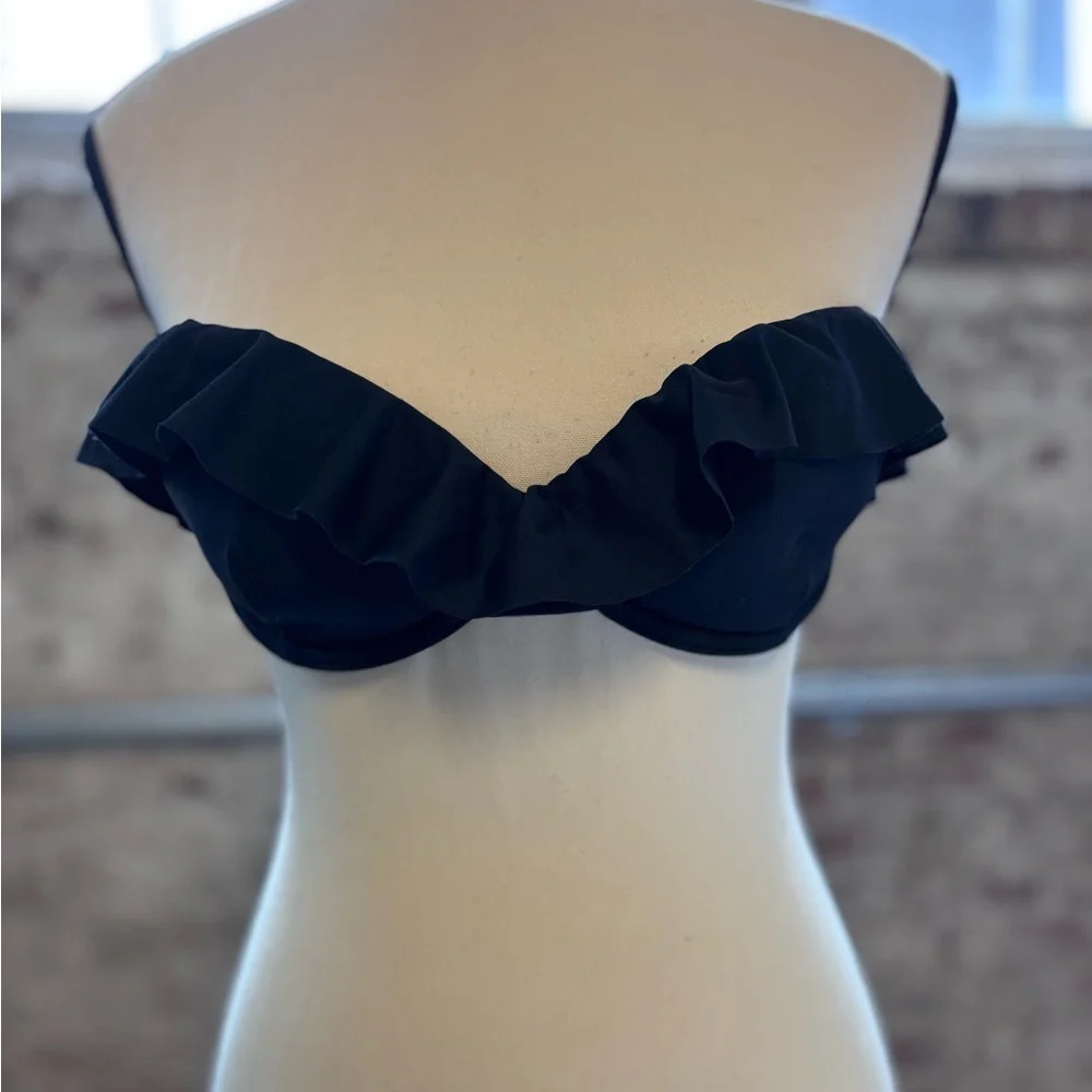 Navy Ruffle Bandeau Bikini Top Bathing Suit Separate Size Small